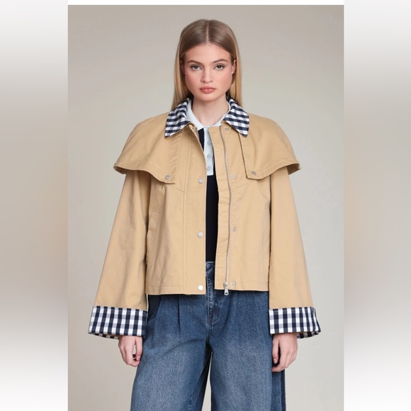 Avec Les Filles Jackets & Blazers - NEW! NWT AVEC LES FILLES Gingham Trim Cotton Cape Jacket in Khaki Size XS